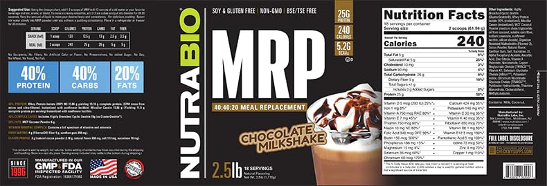 NutraBio MRP chocolate powder in a glass shake for sustained energy