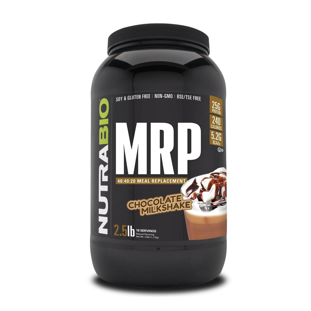NutraBio MRP chocolate powder in packaging for convenient meal replacement on the go
