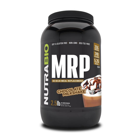 NutraBio MRP chocolate powder in packaging for convenient meal replacement on the go