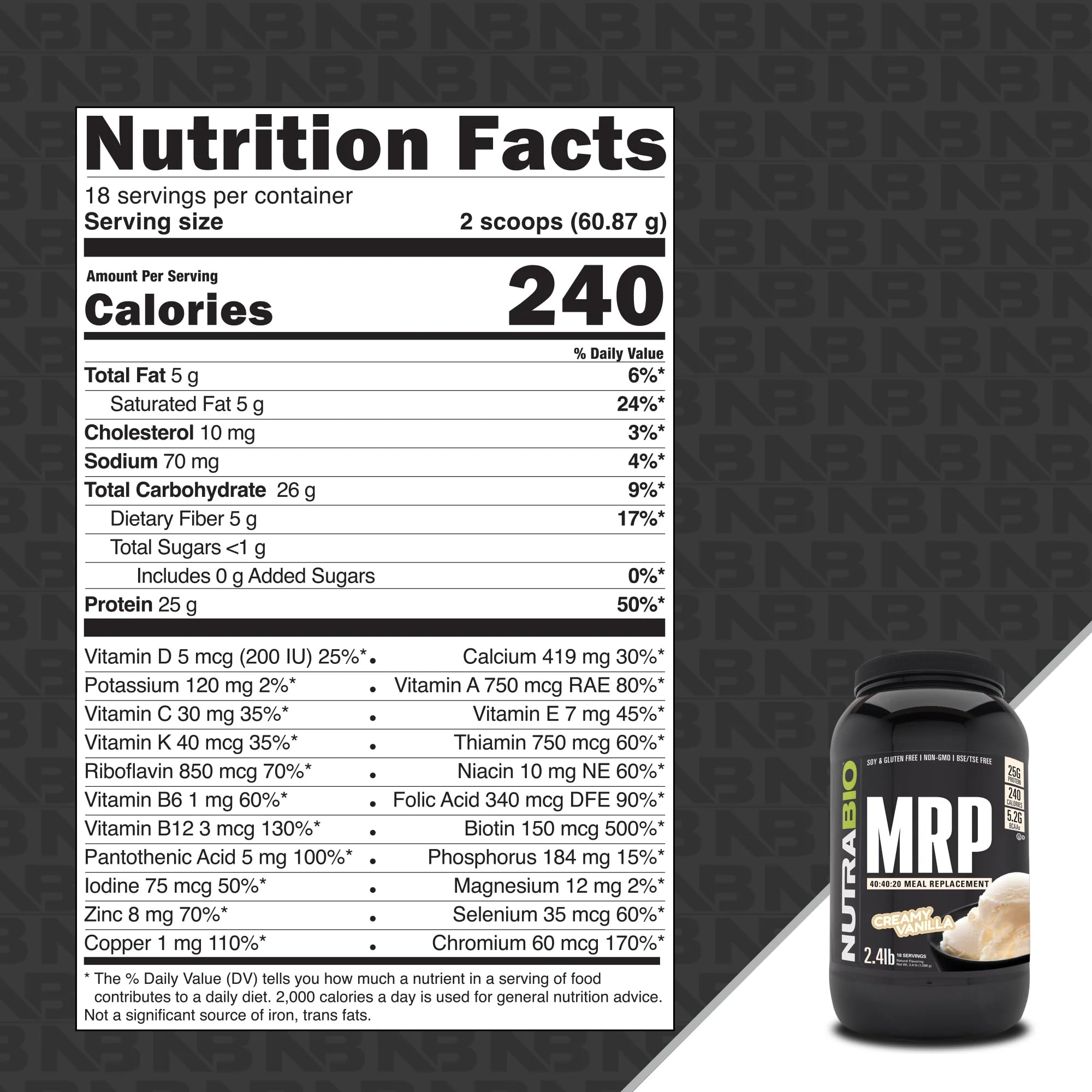 NutraBio MRP creamy vanilla shake being poured for on-the-go energy.
