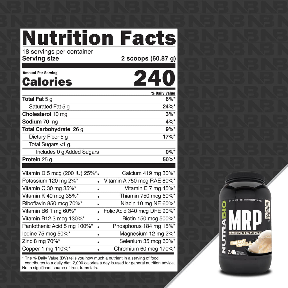 NutraBio MRP creamy vanilla shake being poured for on-the-go energy.