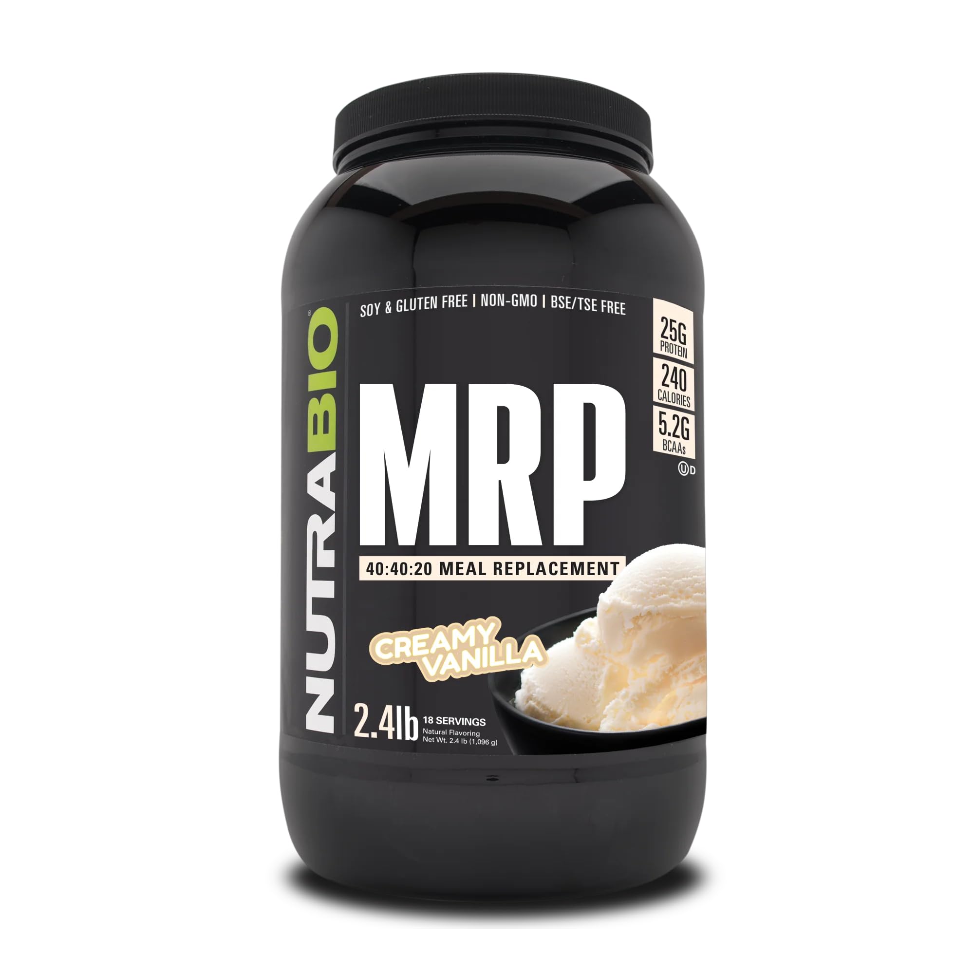 NutraBio MRP creamy vanilla tub with powder and scoop for a balanced meal replacement.