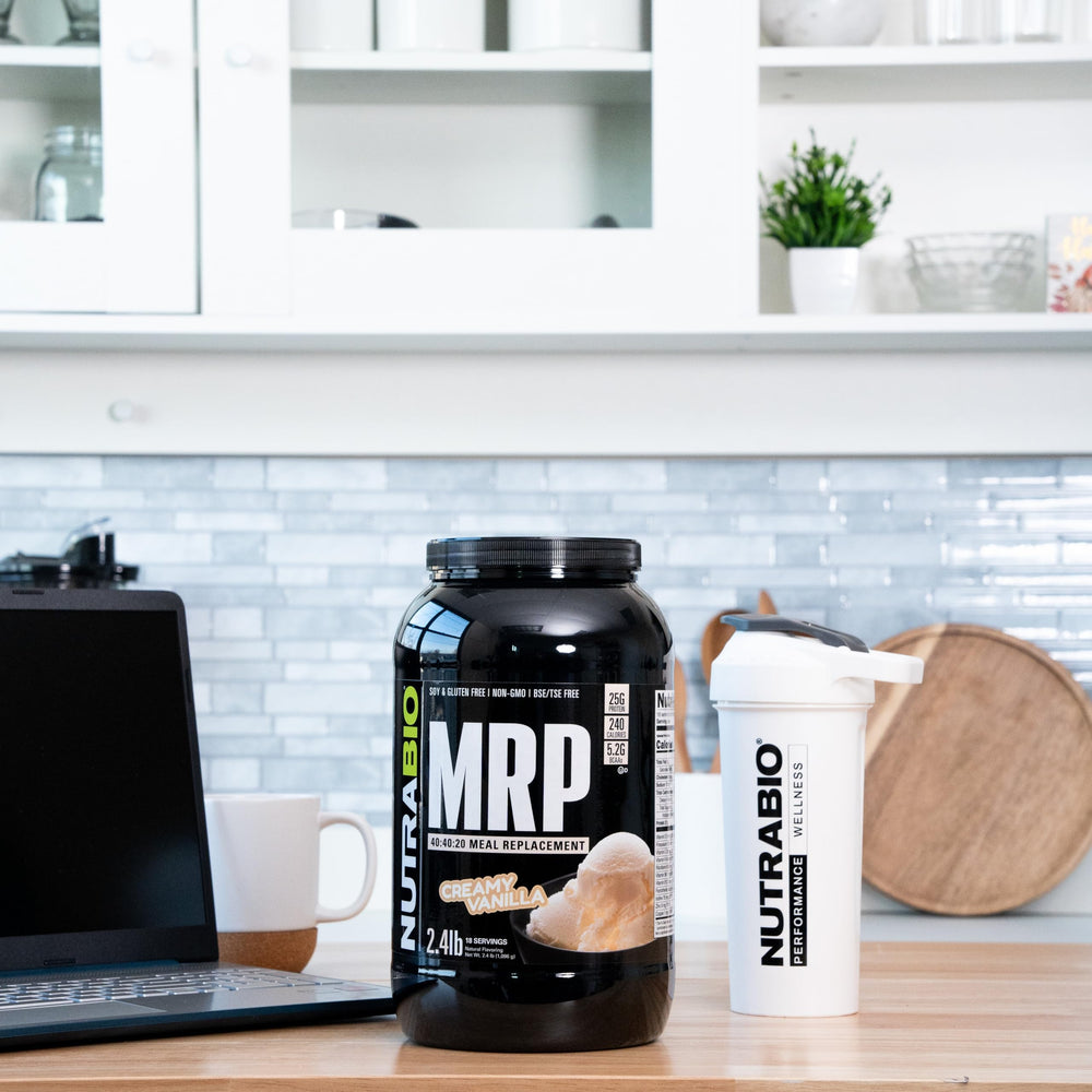 NutraBio MRP packaging emphasizes cyclic dextrin and MCTs for sustained energy.