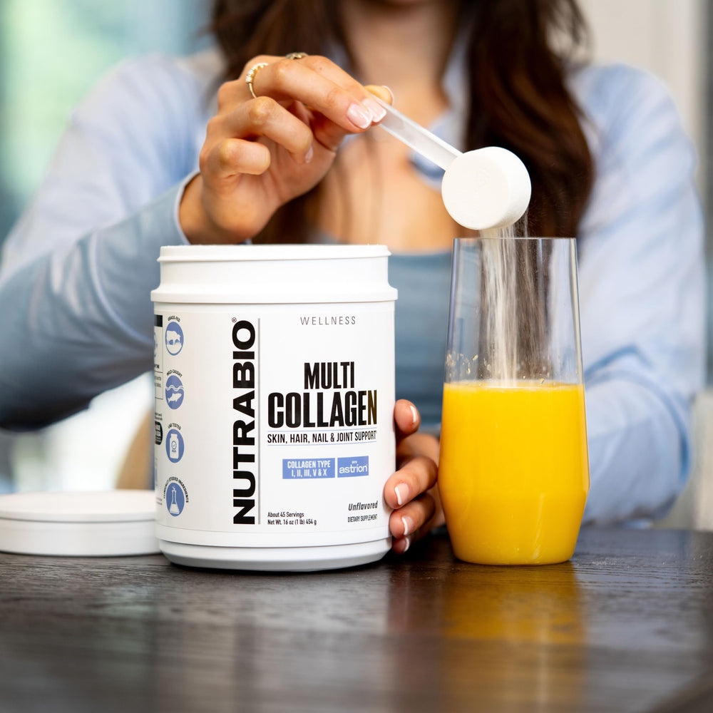 NutraBio collagen powder stirred into tea or smoothie for daily nourishment.