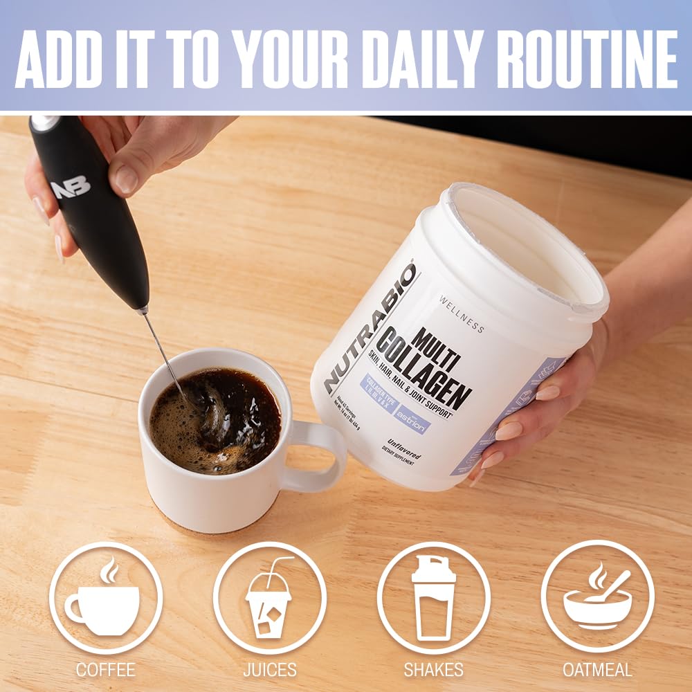 Measured scoop beside NutraBio powder for precise daily collagen intake.