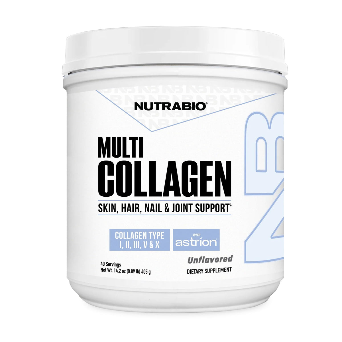 NutraBio Multi Collagen Powder front tub shows grass-fed formula for beauty and mobility.