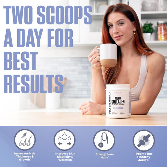Side view of NutraBio tub highlighting 40 servings and quality sourcing.