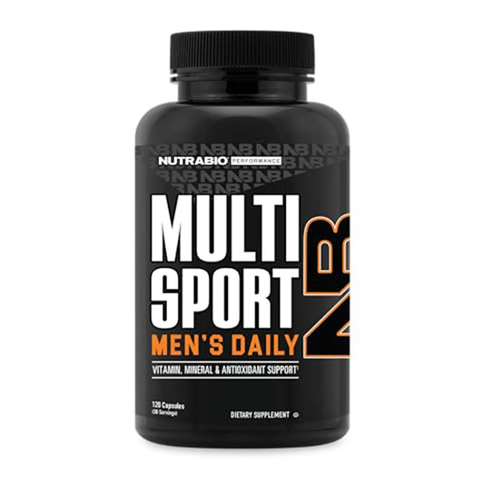 NutraBio Multisport bottle front view highlights a complete energy‑support nutrient blend.
