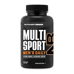 NutraBio Multisport bottle front view highlights a complete energy‑support nutrient blend.