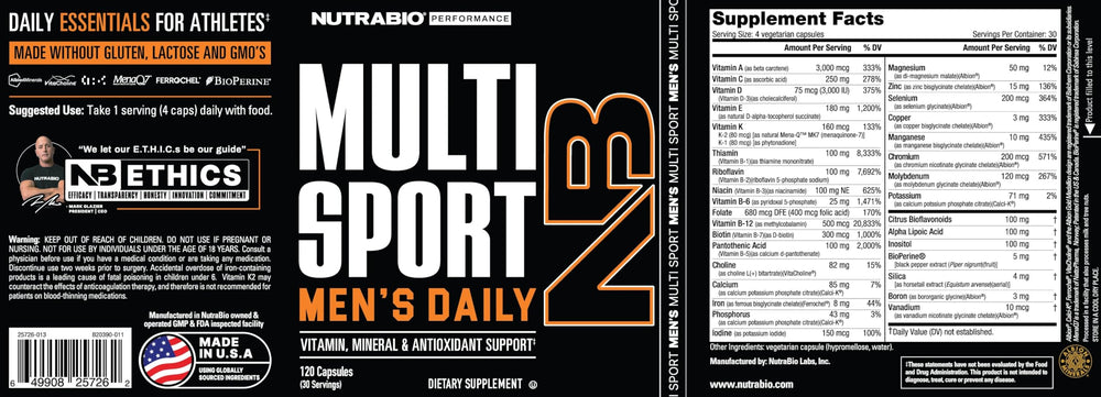 NutraBio Multisport bottle pour demonstrates easy daily intake for active men.