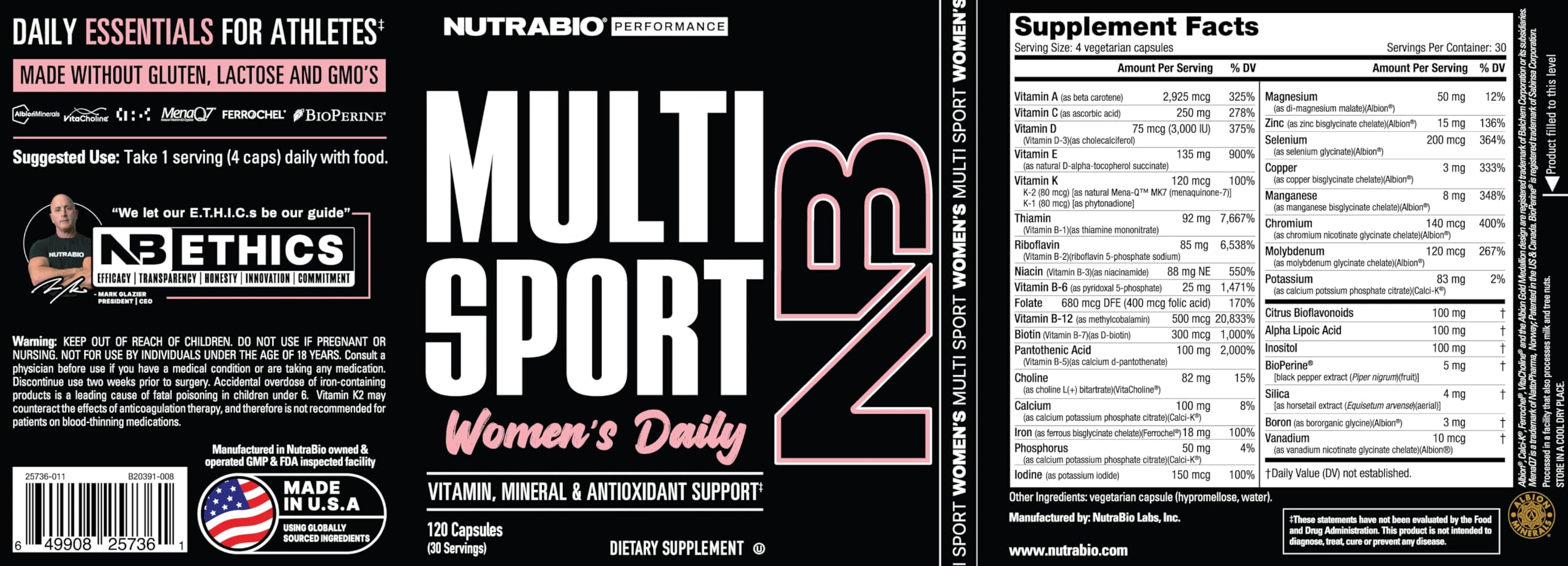 NutraBio Multisport for Women bottle with ingredients label shows Albion minerals.