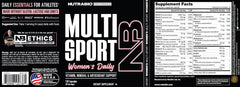NutraBio Multisport for Women bottle with ingredients label shows Albion minerals.