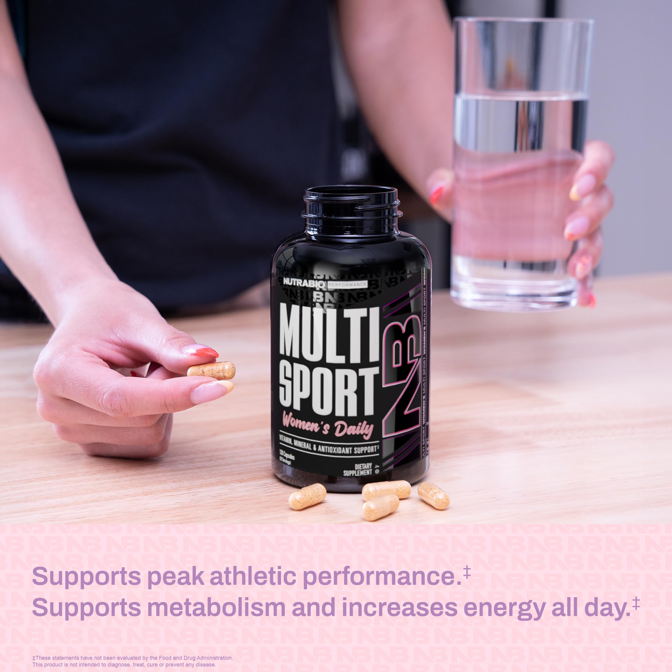 NutraBio Multisport for Women hair, skin, nails benefits highlighted on bottle.