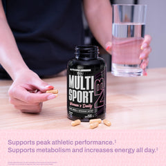 NutraBio Multisport for Women hair, skin, nails benefits highlighted on bottle.