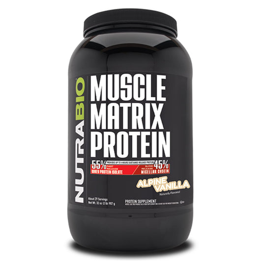 NutraBio Muscle Matrix vanilla protein powder tub front for post-workout shakes.