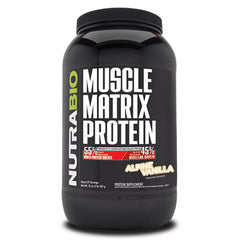 NutraBio Muscle Matrix vanilla protein powder tub front for post-workout shakes.