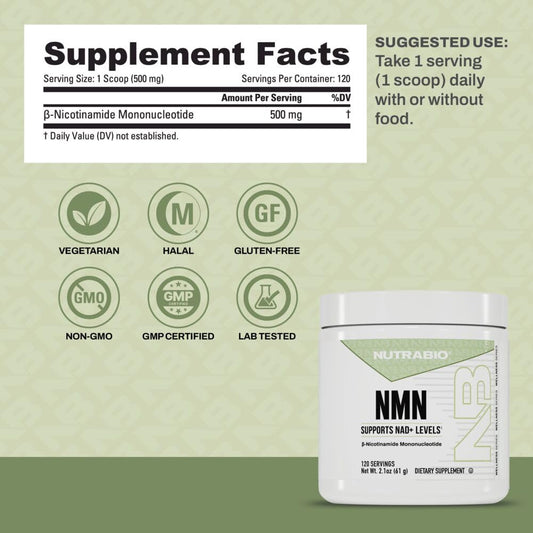 NutraBio NMN bottle label close-up with dosage details