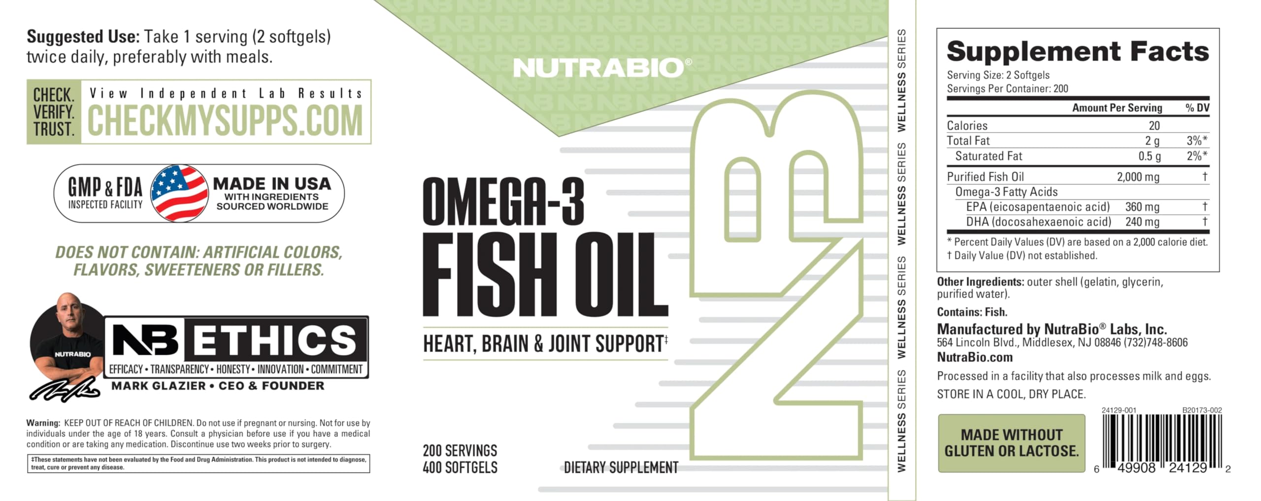 NutraBio Omega-3 bottle label close-up with EPA and DHA content