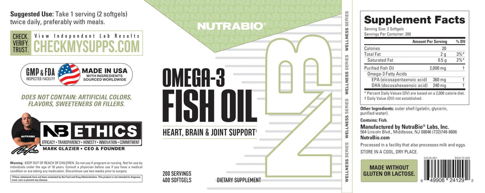 NutraBio Omega-3 bottle label close-up with EPA and DHA content