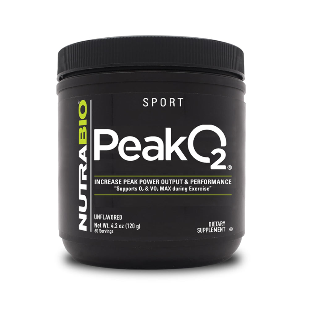 NutraBio Peak O2 bottle on shelf suggests athletic support and easy dosing.