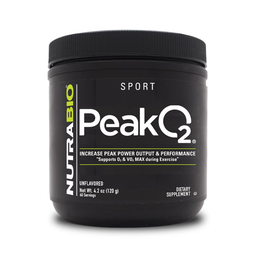 NutraBio Peak O2 bottle on shelf suggests athletic support and easy dosing.