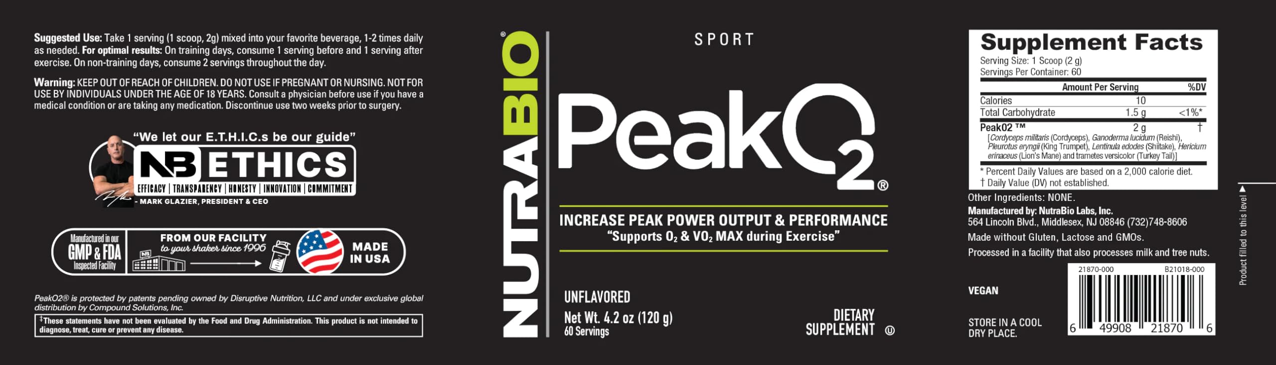 NutraBio Peak O2 label close-up highlights blend purity and transparency.