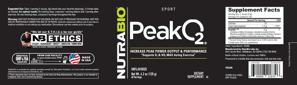 NutraBio Peak O2 label close-up highlights blend purity and transparency.