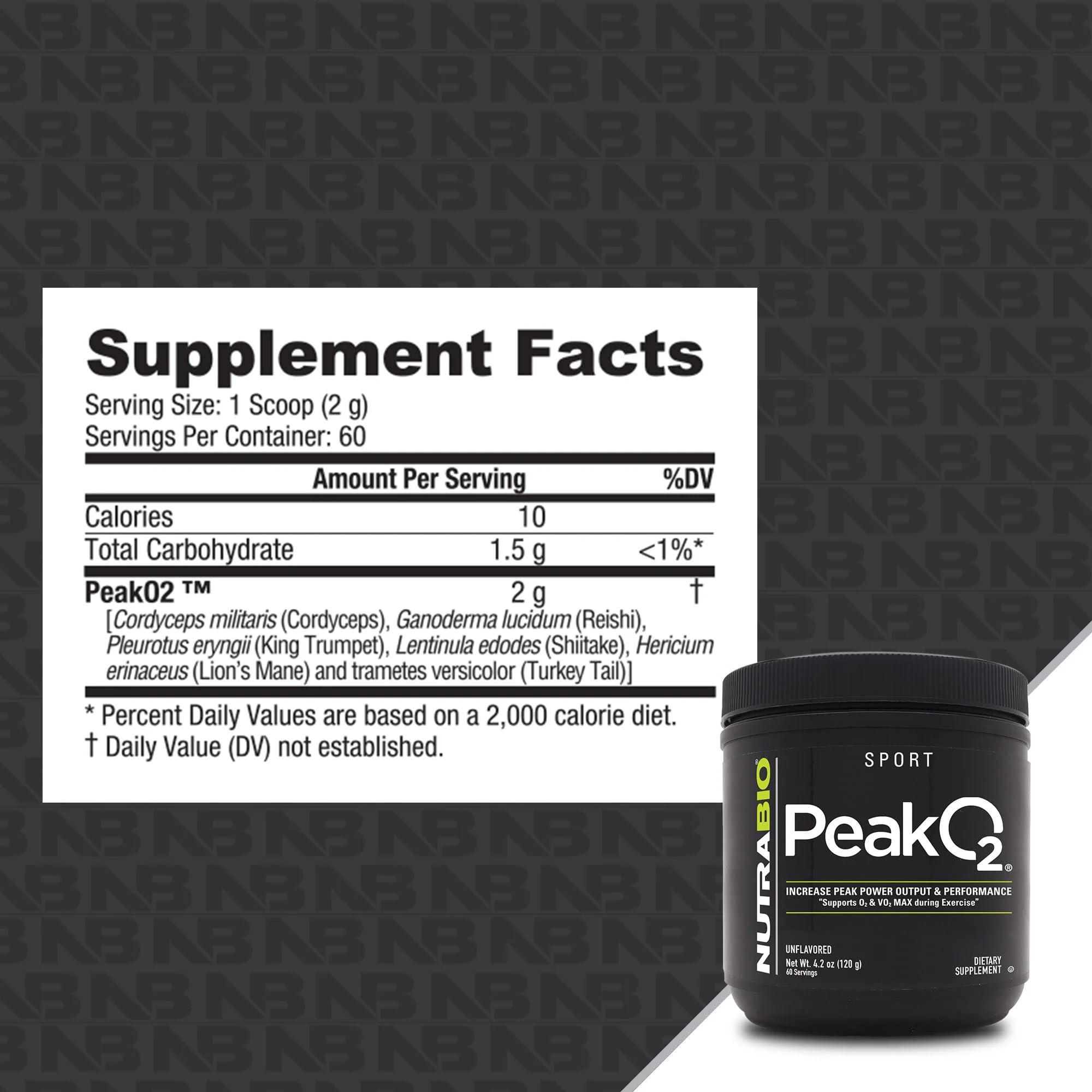 NutraBio Peak O2 scoop beside powder communicates quick mixing for workouts.