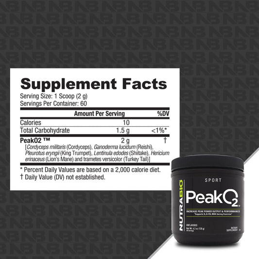 NutraBio Peak O2 scoop beside powder communicates quick mixing for workouts.