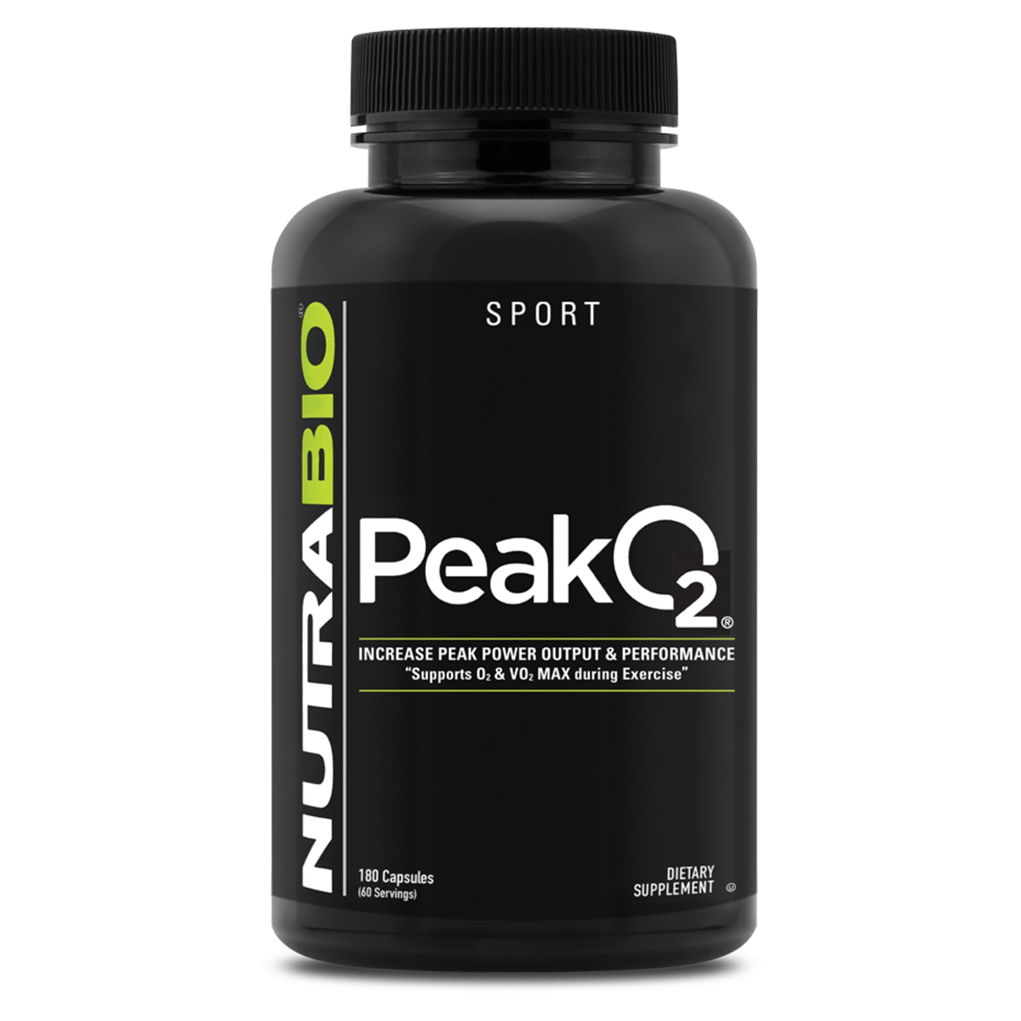 NutraBio PeakO2 bottle front shows the mushroom blend for endurance.