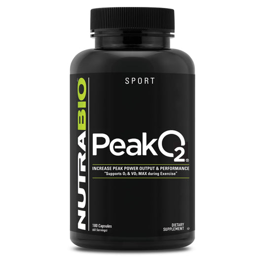 NutraBio PeakO2 bottle front shows the mushroom blend for endurance.