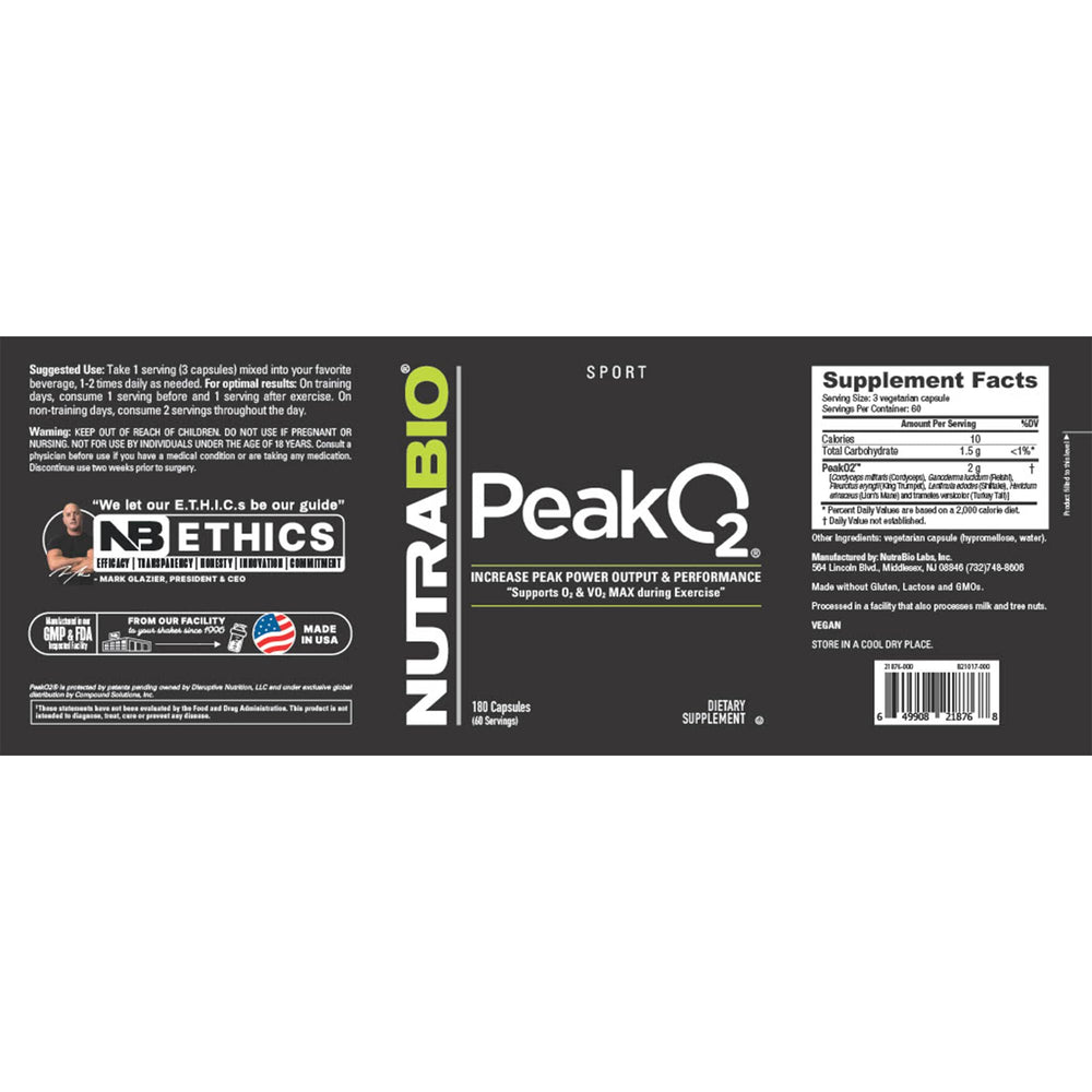 NutraBio PeakO2 label close-up emphasizes third-party tested quality.