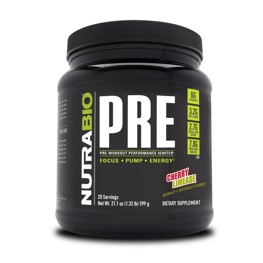 NutraBio PRE Workout old formula bottle with cherry limeade flavor boosts energy and focus