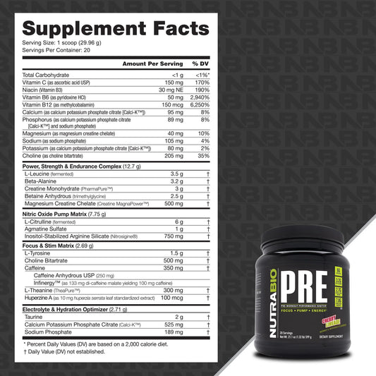 NutraBio PRE Workout old formula scoop beside bottle highlights ingredients for workouts