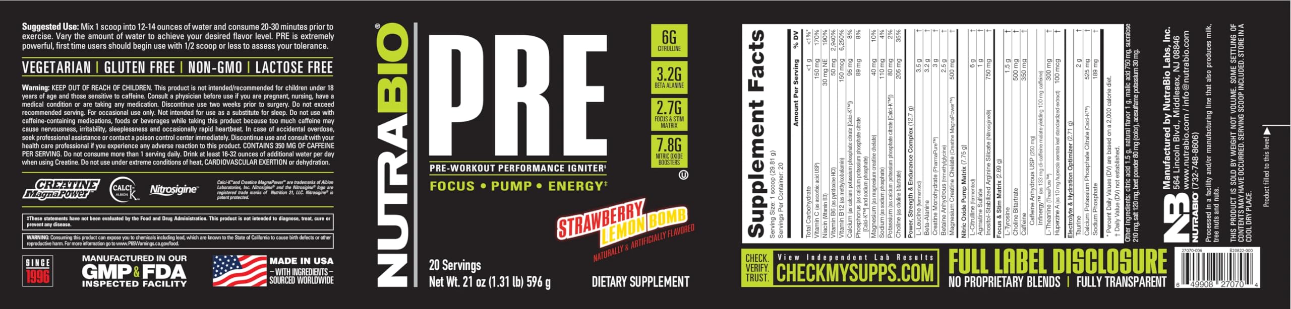 Retail display of NutraBio PRE Workout Old Formula with Strawberry Lemon Bomb flavor appeal