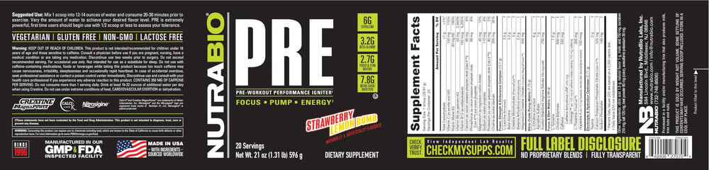 Retail display of NutraBio PRE Workout Old Formula with Strawberry Lemon Bomb flavor appeal
