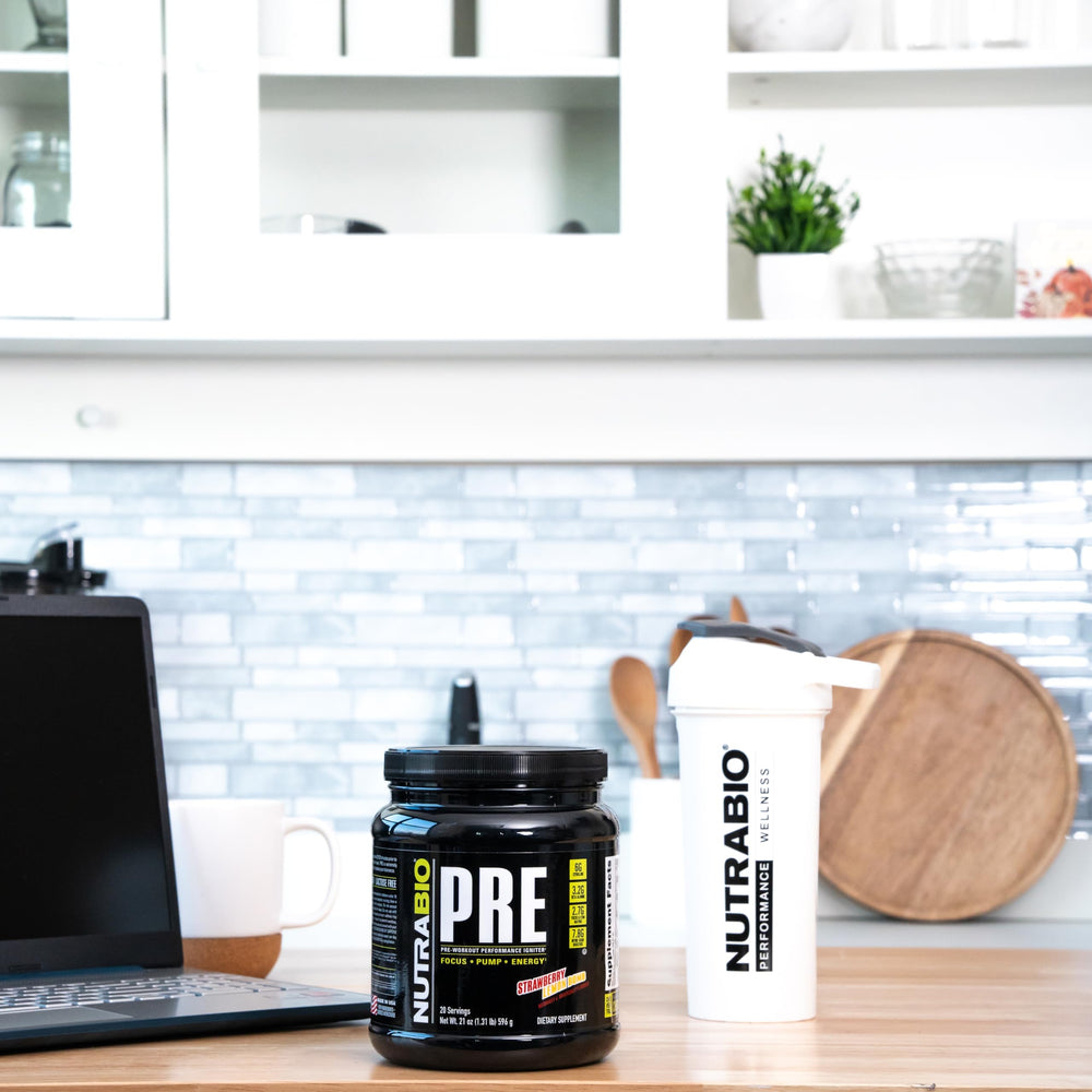 Closeup of NutraBio PRE Workout tub label highlighting ingredients for focus and endurance