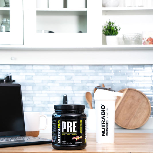 Closeup of NutraBio PRE Workout tub label highlighting ingredients for focus and endurance