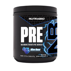 NutraBio Preworkout Blue Razz bottle ready for a high-intensity session.