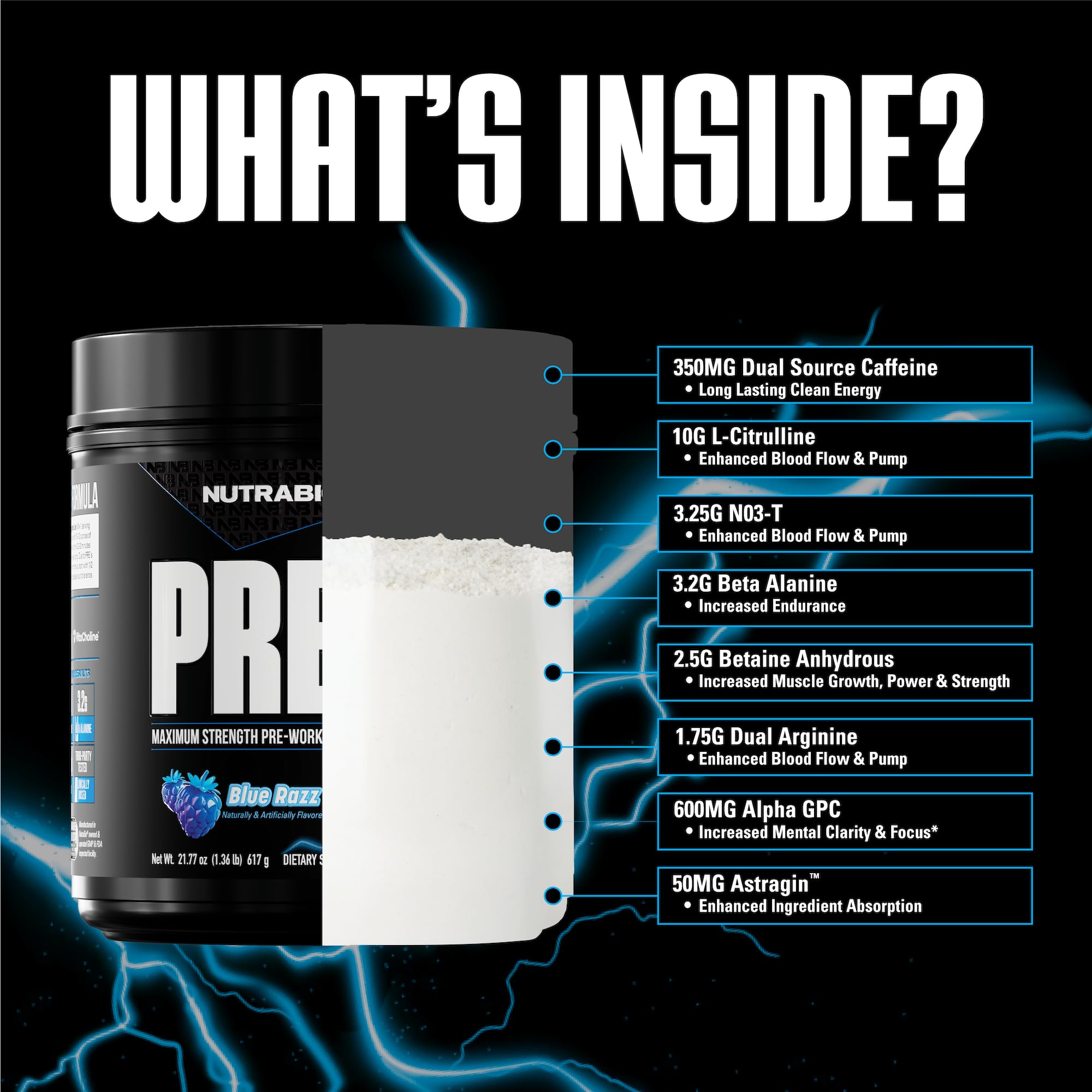 Close-up of NutraBio Preworkout Blue Razz label showing transparent ingredients.