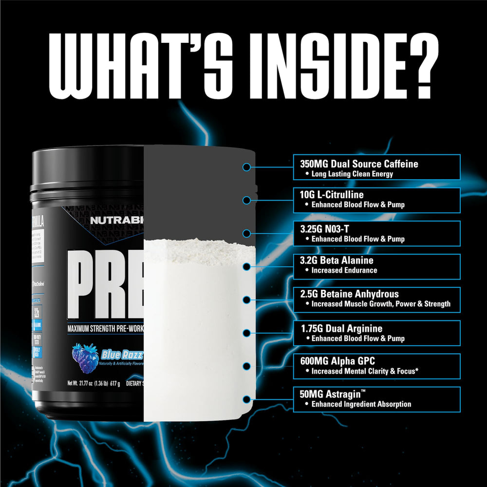 Close-up of NutraBio Preworkout Blue Razz label showing transparent ingredients.
