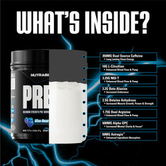 Close-up of NutraBio Preworkout Blue Razz label showing transparent ingredients.