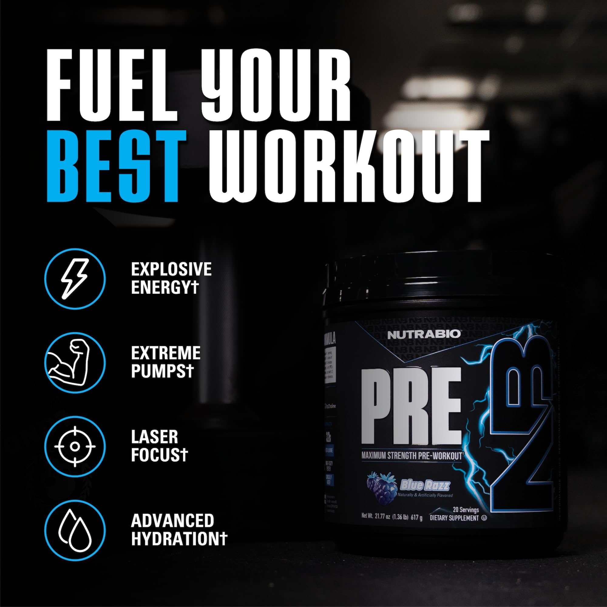 NutraBio Preworkout Blue Razz serving scoop for precise pre-workout dosing.