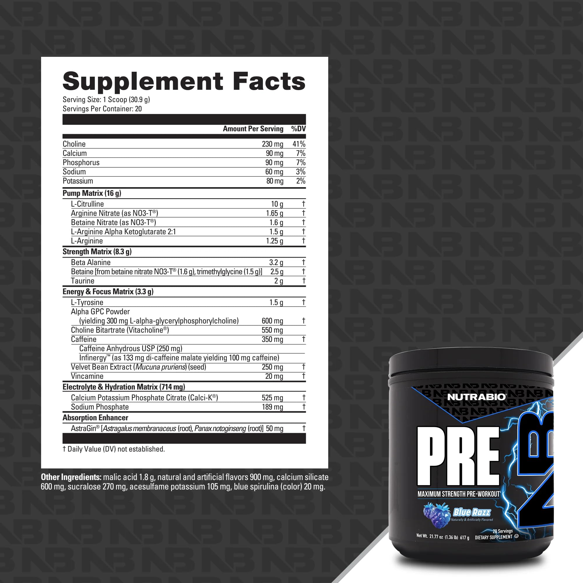 Shaker pouring NutraBio Preworkout Blue Razz powder into water.