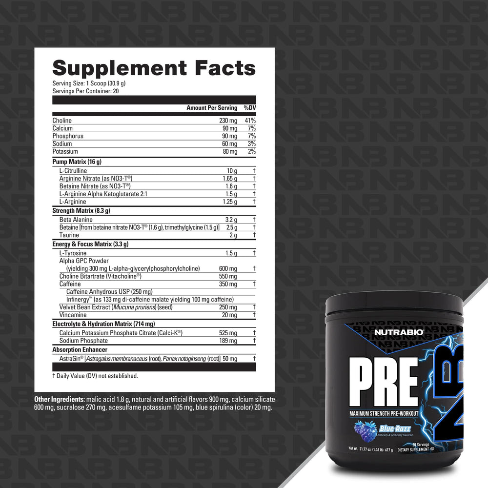 Shaker pouring NutraBio Preworkout Blue Razz powder into water.