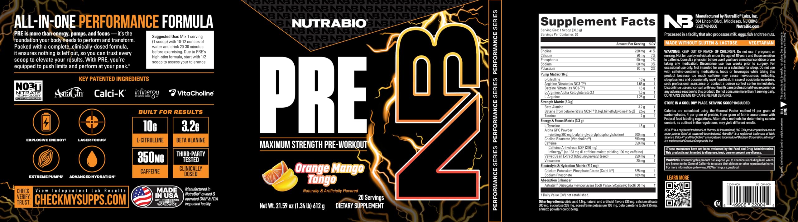NutraBio Preworkout Orange Mango back-label—clear dosage guidance for safe use