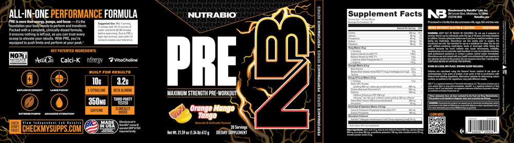NutraBio Preworkout Orange Mango back-label—clear dosage guidance for safe use