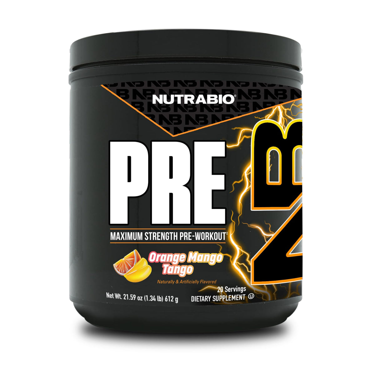 NutraBio Preworkout Orange Mango bottle—energy-boosting formula for intense workouts