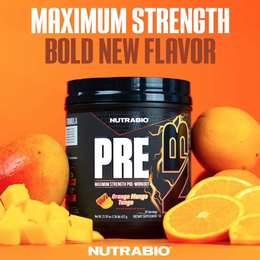 NutraBio Preworkout Orange Mango scoop—convenient pre-workout energy before training