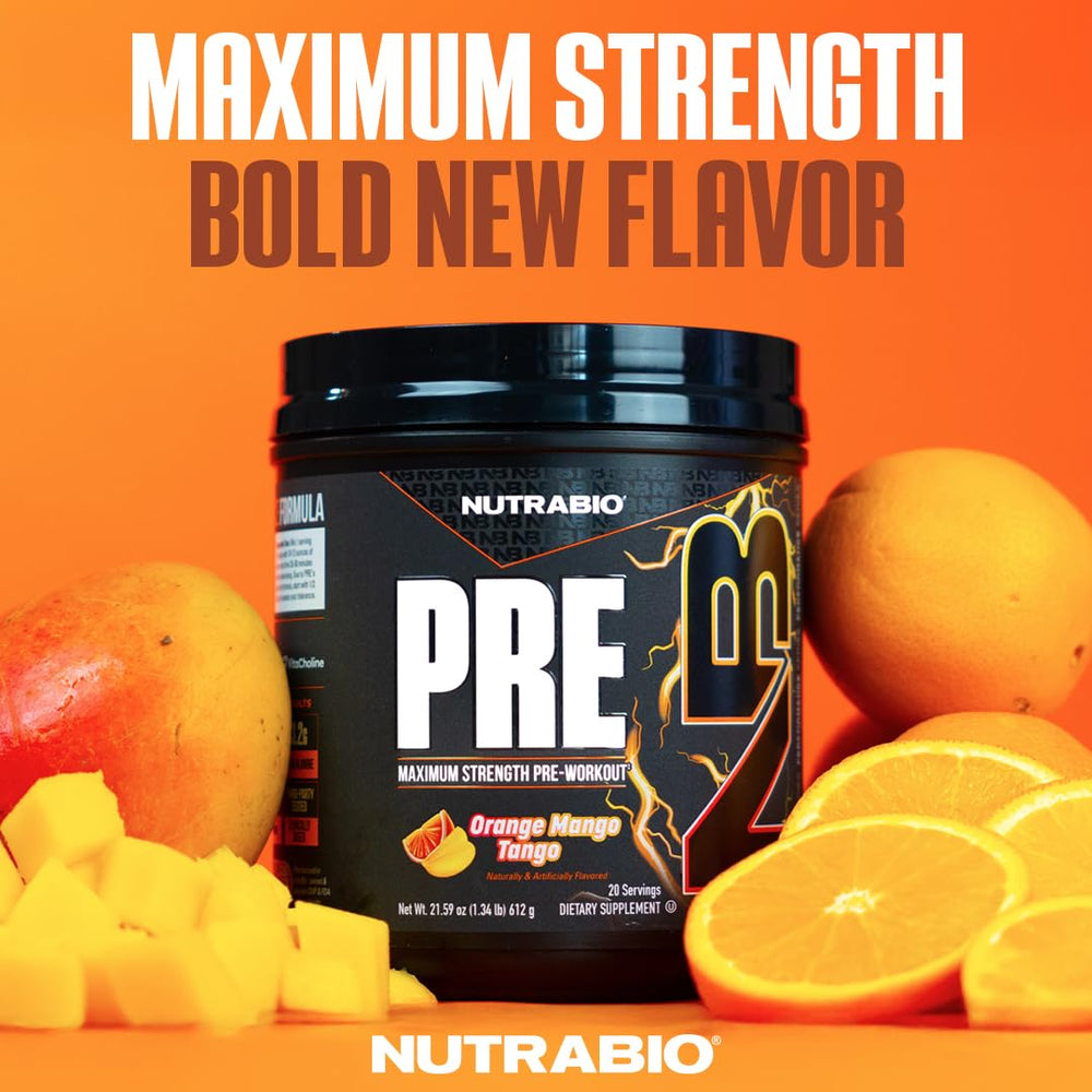 NutraBio Preworkout Orange Mango scoop—convenient pre-workout energy before training